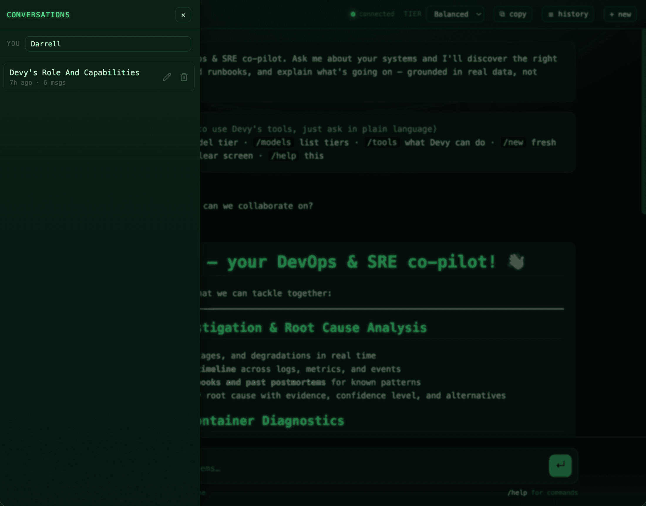 Devy's conversation-history slide-out in the web chat