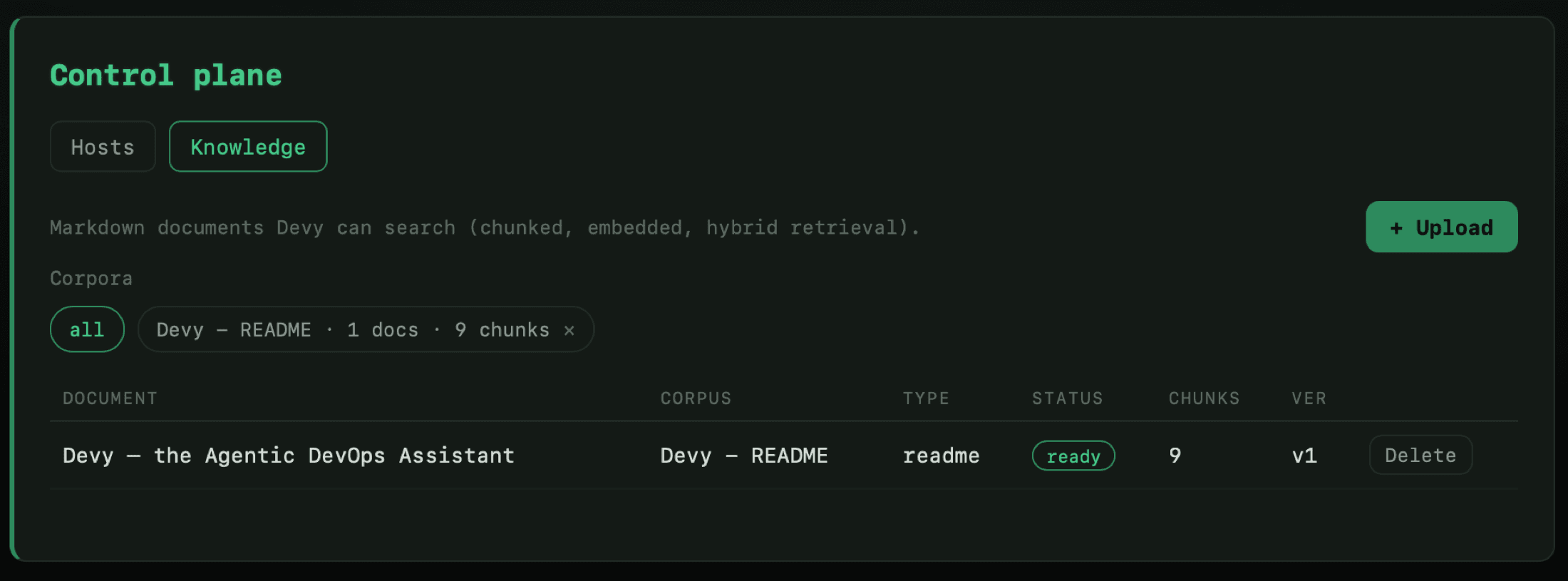 Devy's admin Knowledge page ingesting a document