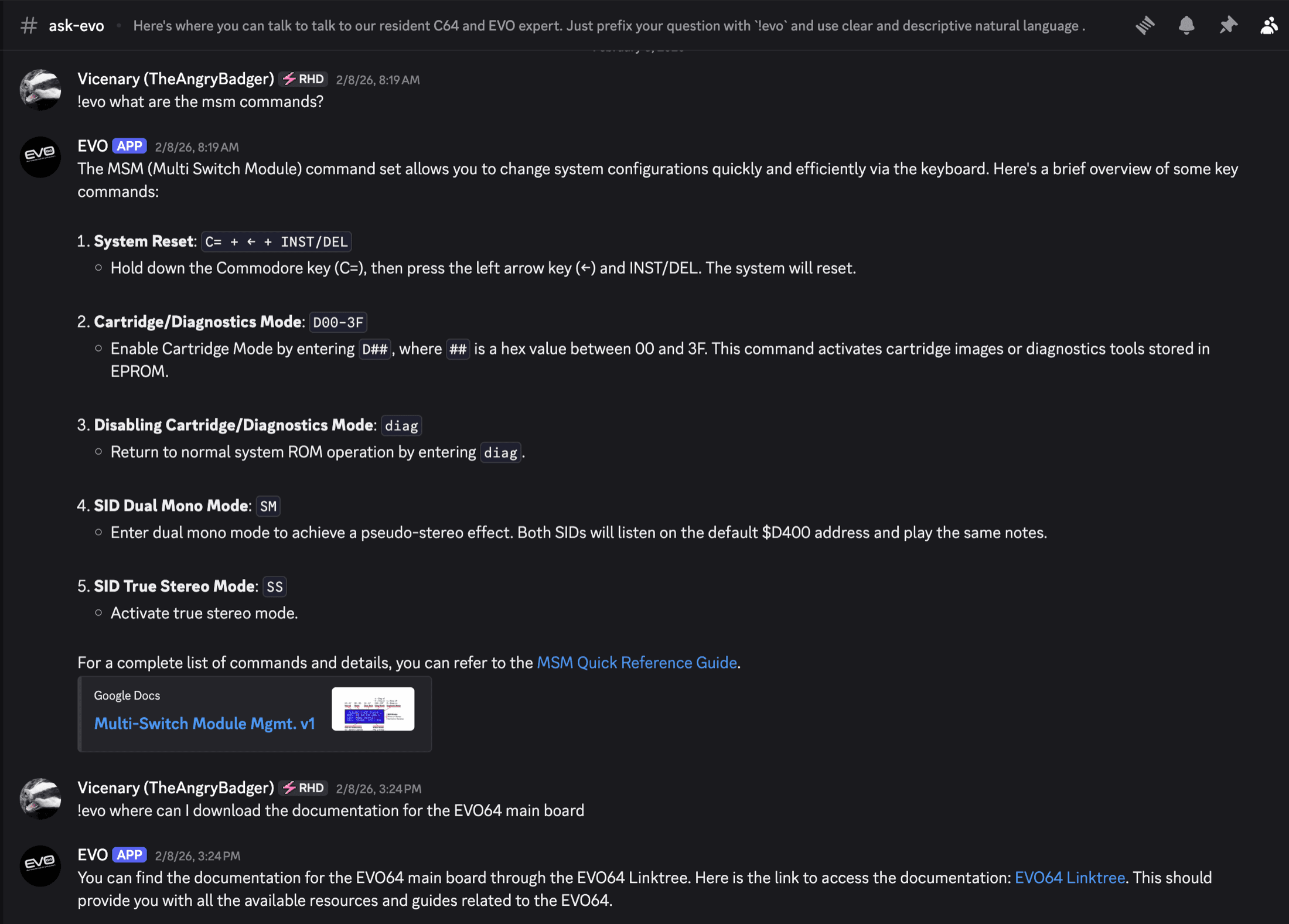 The EVO64 Discord bot answering a builder's question