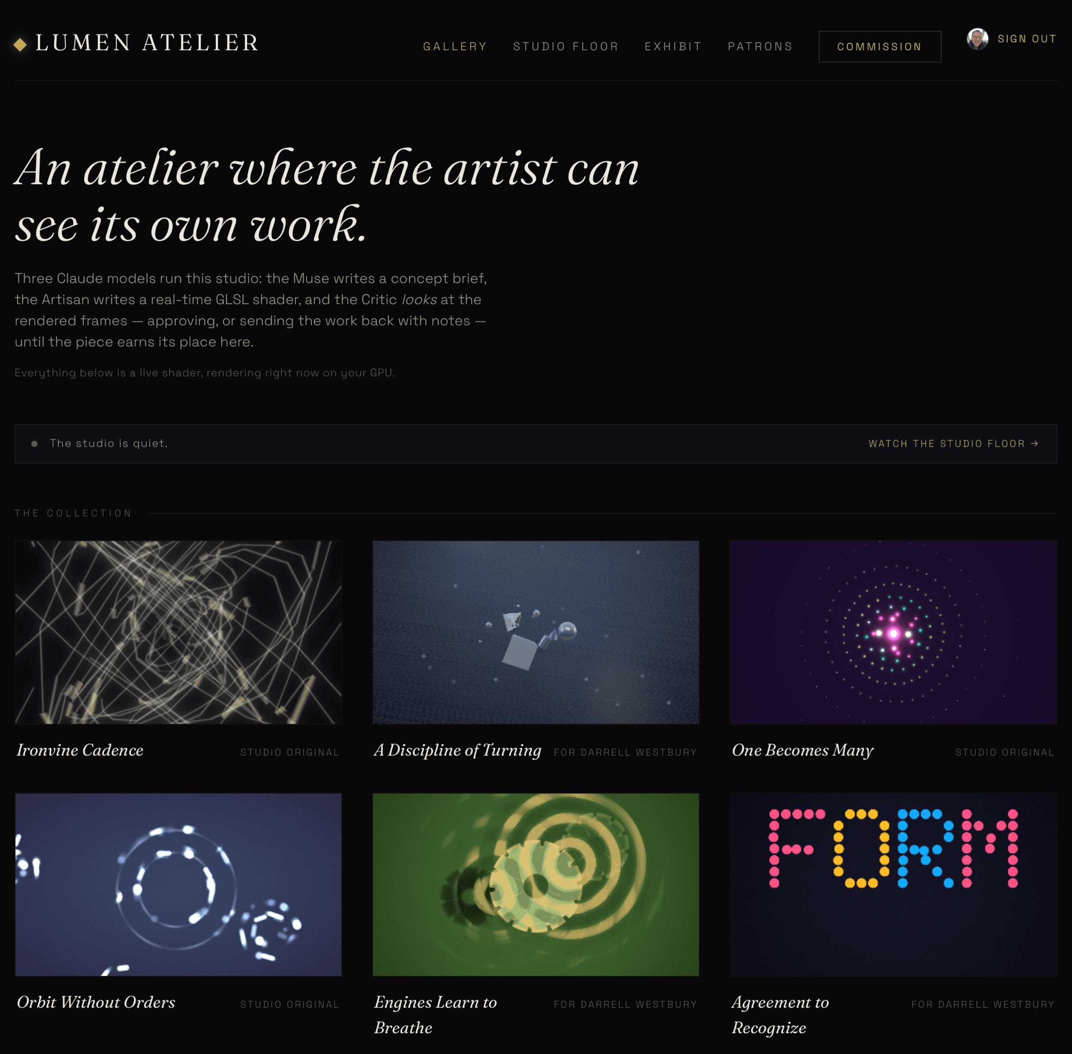 The Lumen Atelier gallery — the studio's collection under its thesis headline