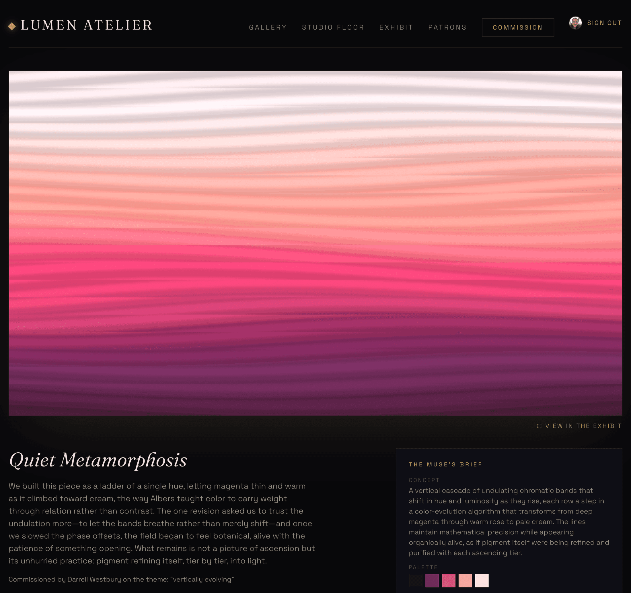 The piece page for “Quiet Metamorphosis,” with its artist statement and the Muse's brief