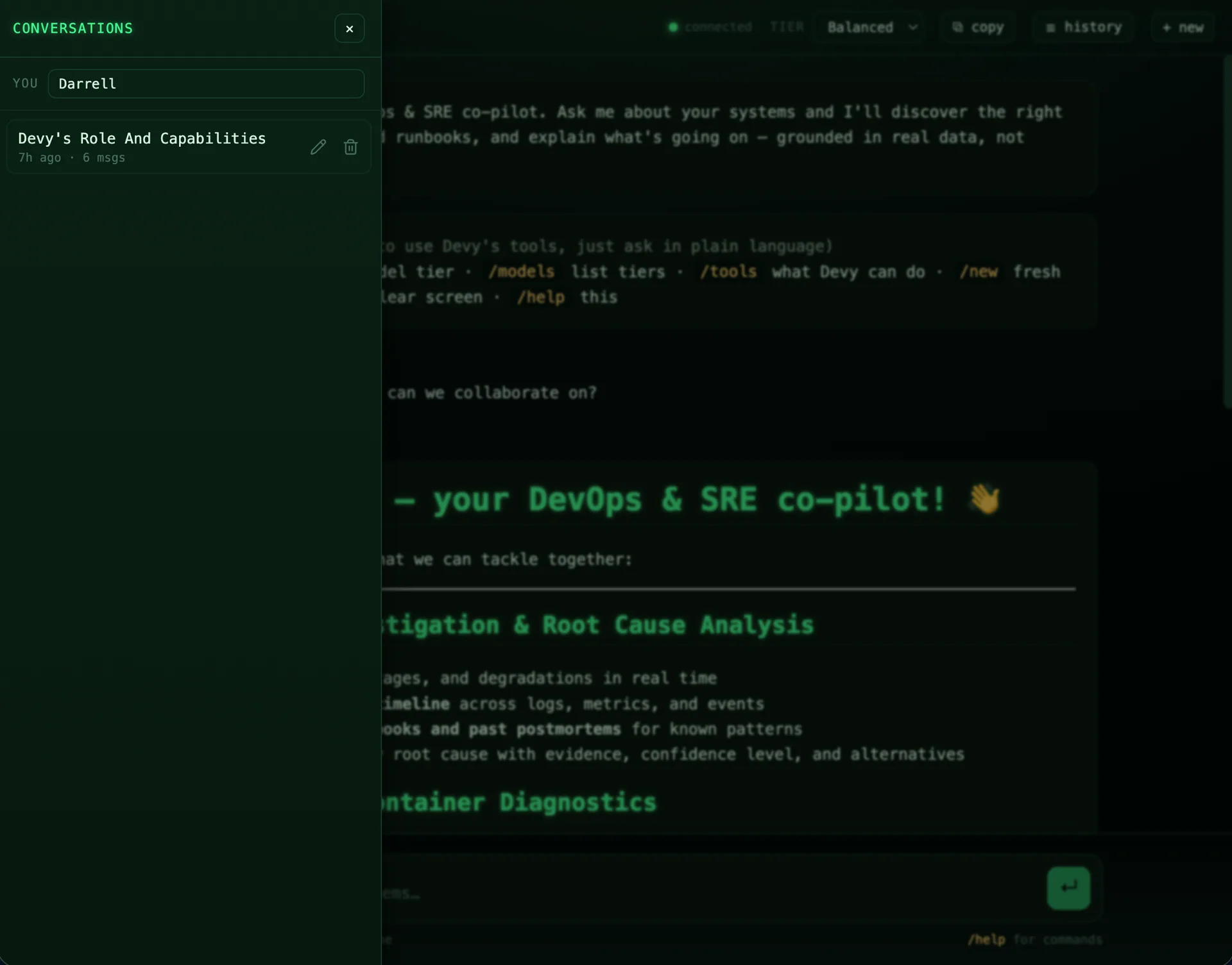Devy's conversation-history slide-out in the web chat