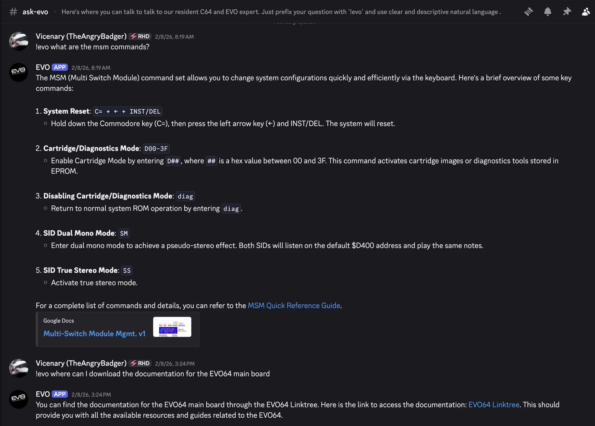 The EVO64 Discord bot answering a builder's question